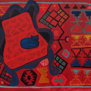 Acrylic Painting Red Rug Blue Cat