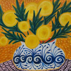 Acrylic Painting Yellow Blooms Blue and White Vase